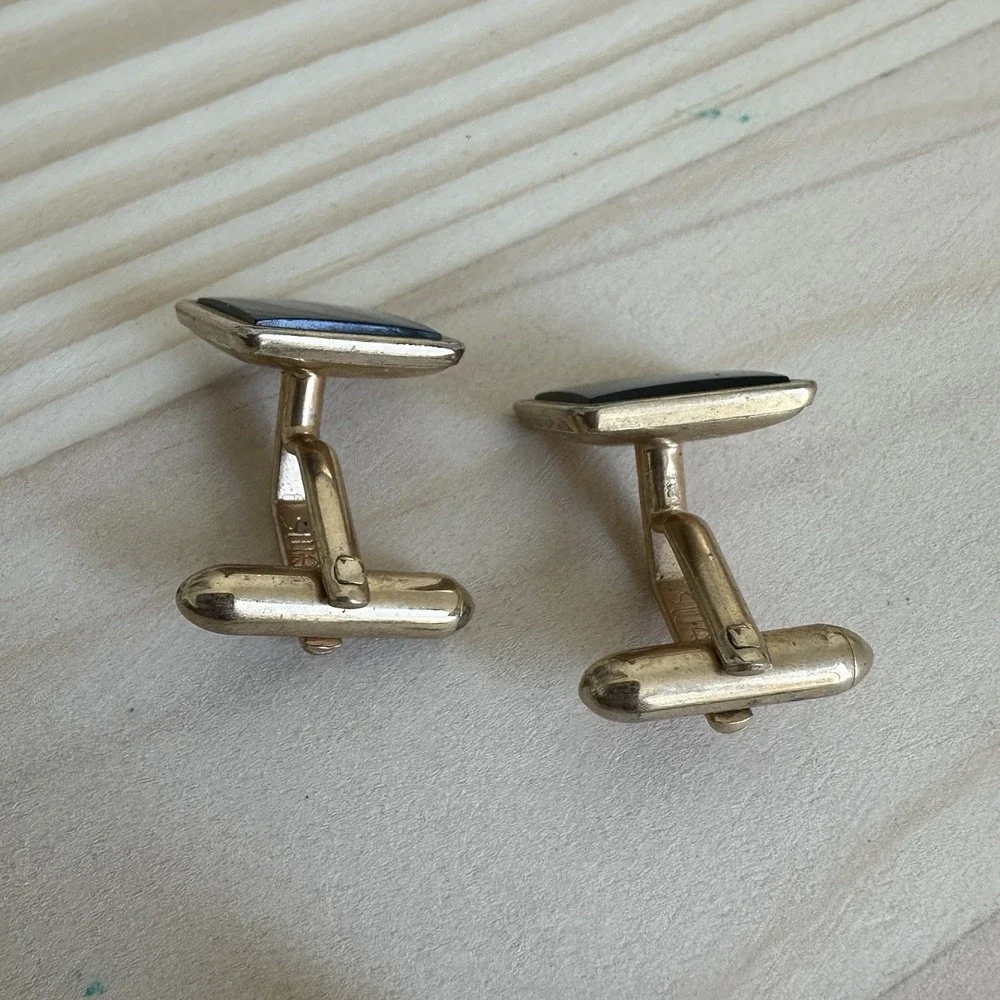 VTG Swank Square Cufflink Formal Shirt Studs Tie Tack 0.5-1 Inch Black Onyx Gold